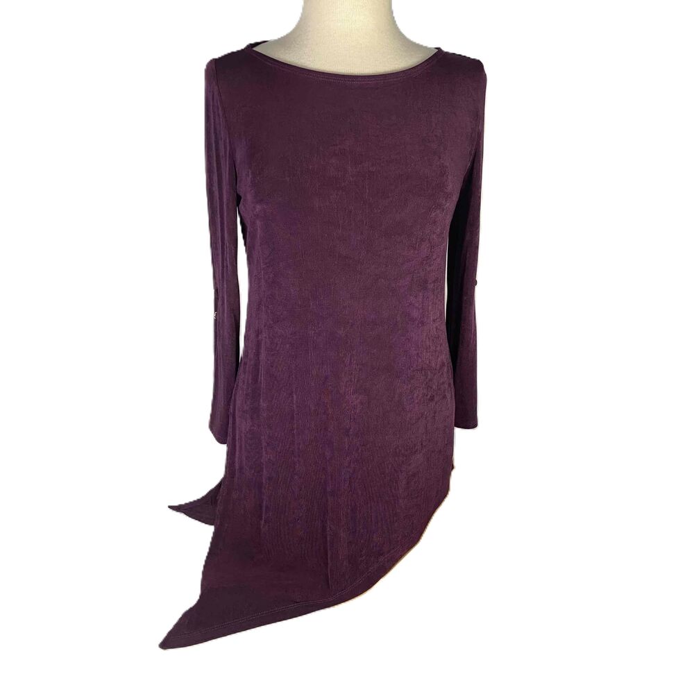Chicos Travelers Womens Size 0 4 S Purple Blouse Long Sleeve Asymmetrical Hem